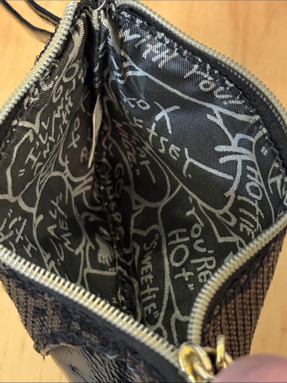 Betsey Johnson Black Sequin Wristlet with Pink Embroidered Logo - Picture 8 of 11